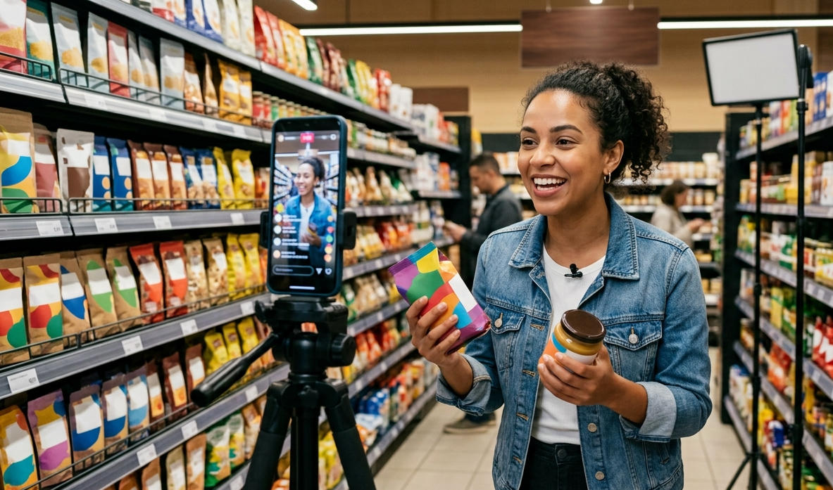 Mulher realiza live commerce em supermercado nas redes sociais para fidelizar público com ofertas atraentes
