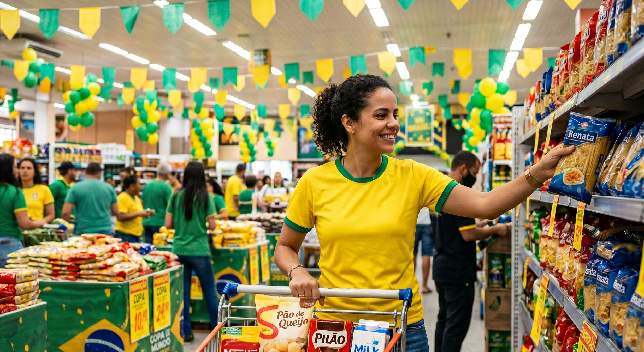 Mulher fazendo compras no supermercado decorado com as cores do Brasil durante a Copa do Mundo