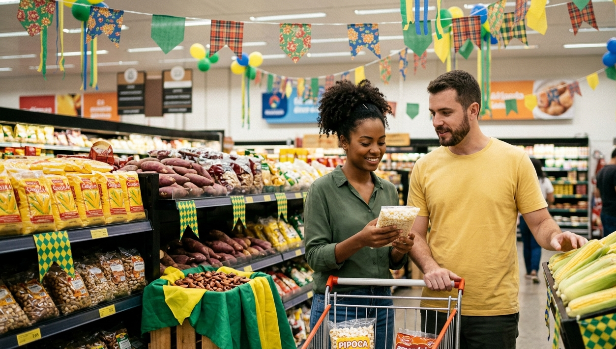 Homem e mulher fazem compras em supermercado enfeitado com bandeirinhas de festa junina nas cores verde e amarelo em referência à Copa do Mundo