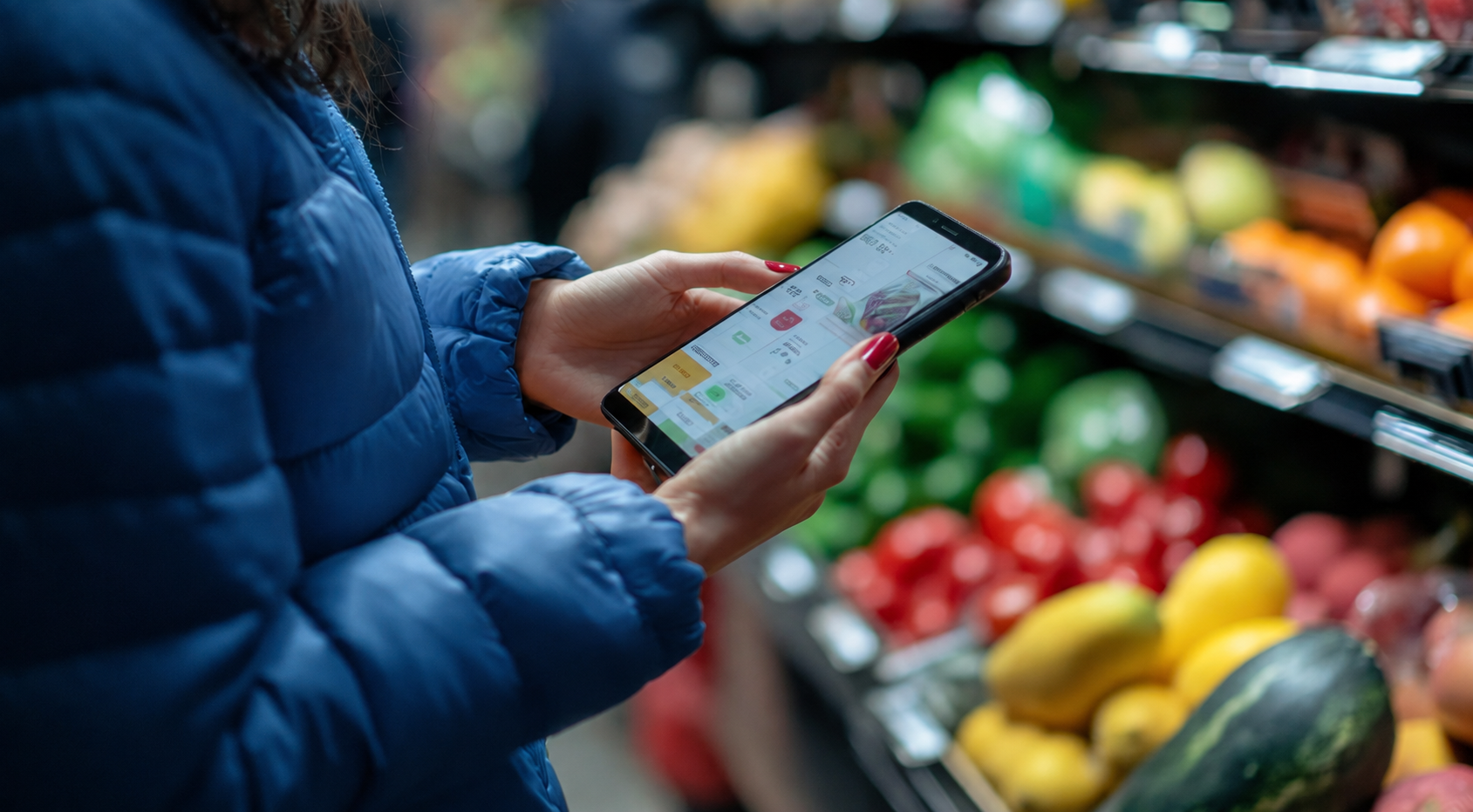 Cliente utiliza aplicativo durante as compras no supermercado