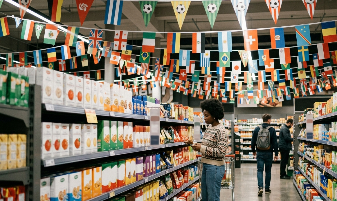 Corredor de supermercado enfeitado com bandeirinhas de diversos países em clima de Copa do Mundo, com três clientes fazendo compras