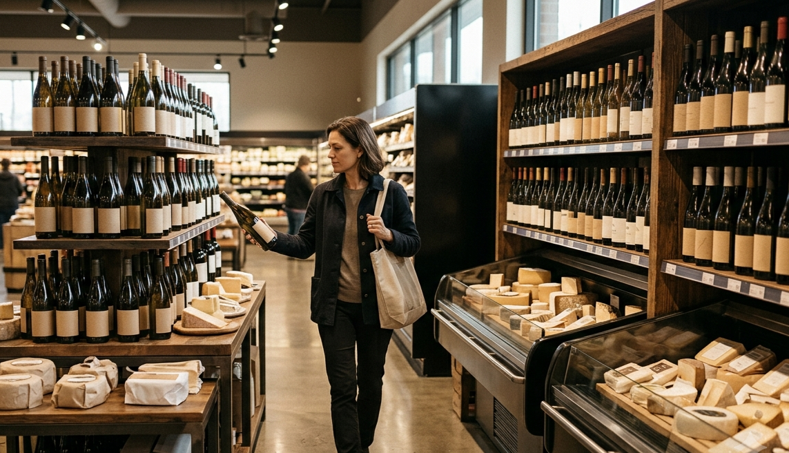 Mulher andando no corredor de supermercado onde estão distribuídos vinhos e queijos