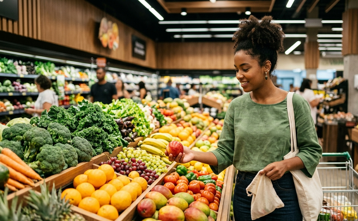 Mulher segurando uma maçã no setor de hortifruti do supermercado repleto de frutas, legumes e verduras