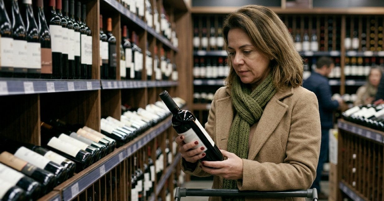Mulher na adega de um supermercado observando uma garrafa de vinho para colocar no carrinho 